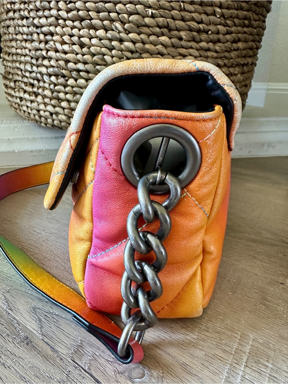 Kurt Geiger Kensington Rainbow Quilted Shoulder Bag Metallic Jeweled Bird Clasp - Picture 8 of 16